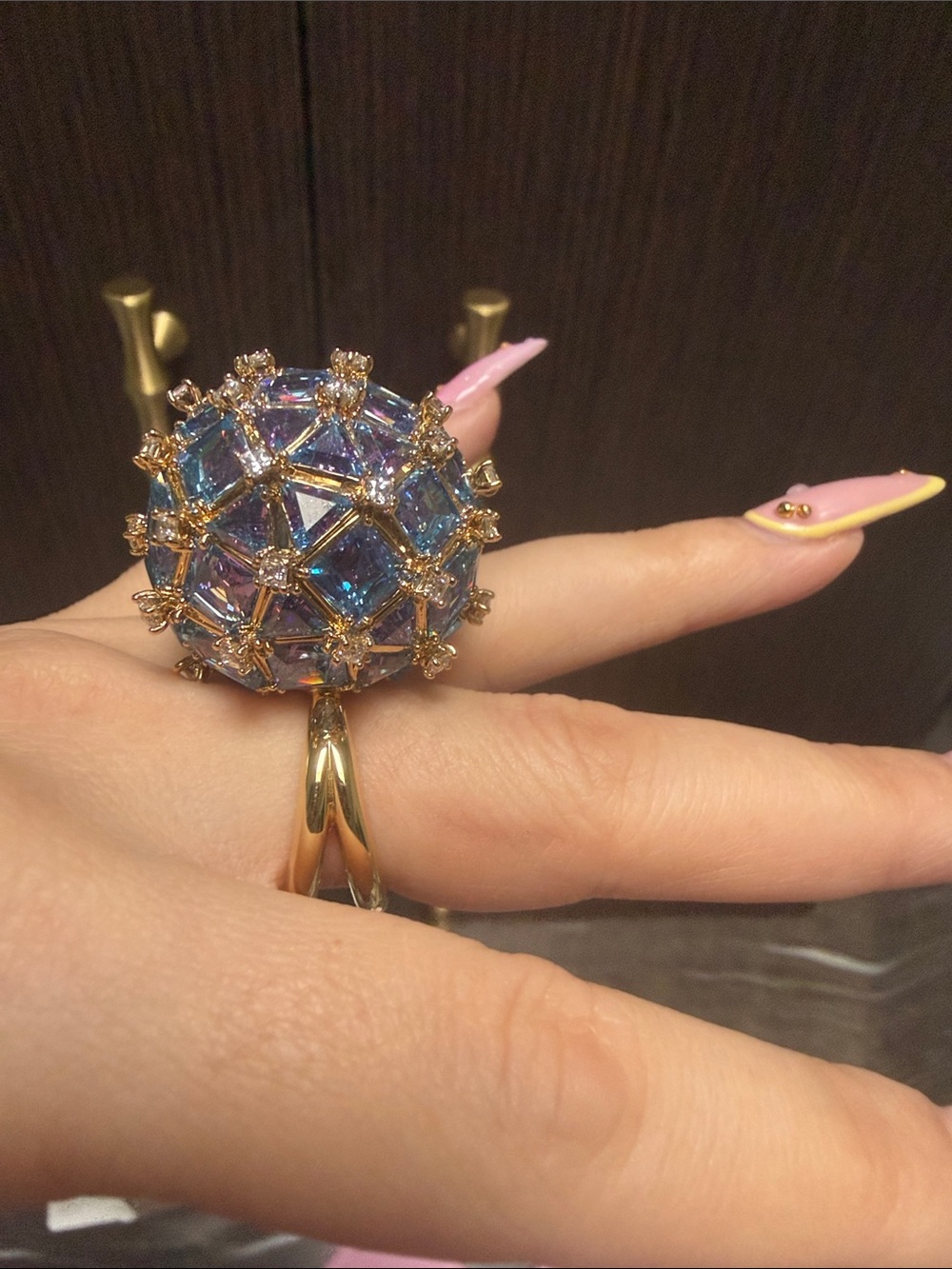 Swarovski Gold Ring with Iridescent Blue-Purple Crystal Dome - Picture 12 of 17